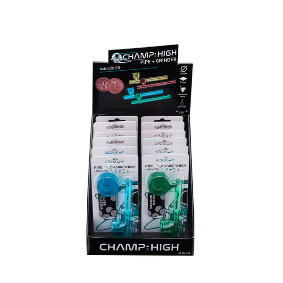 Champ:High Glass Pipe + 5-Screen + Grinder - 12 Stk