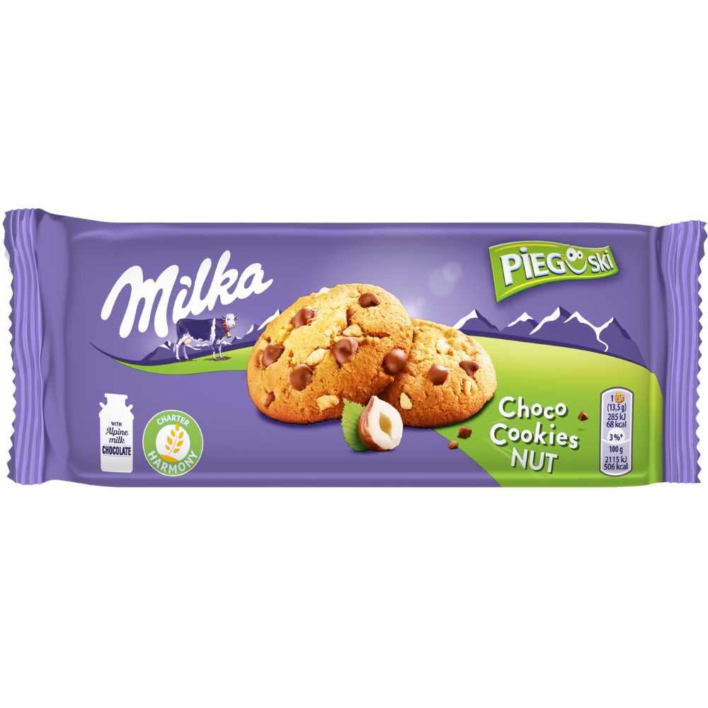 MILKA PIEGUSKI CHOCOLATE AND NUTS COOKIES 135G x 24stk